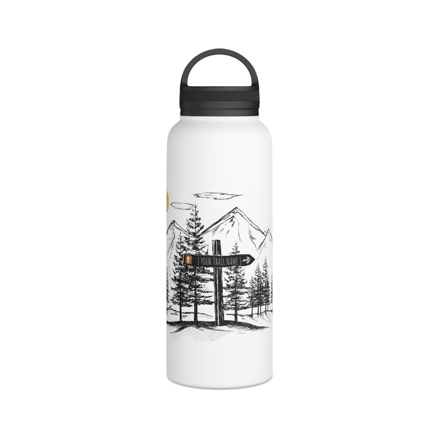 32 oz personalized hiking water bottle with a wide-mouth handle lid and black-and-white mountain illustration for outdoor enthusiasts.