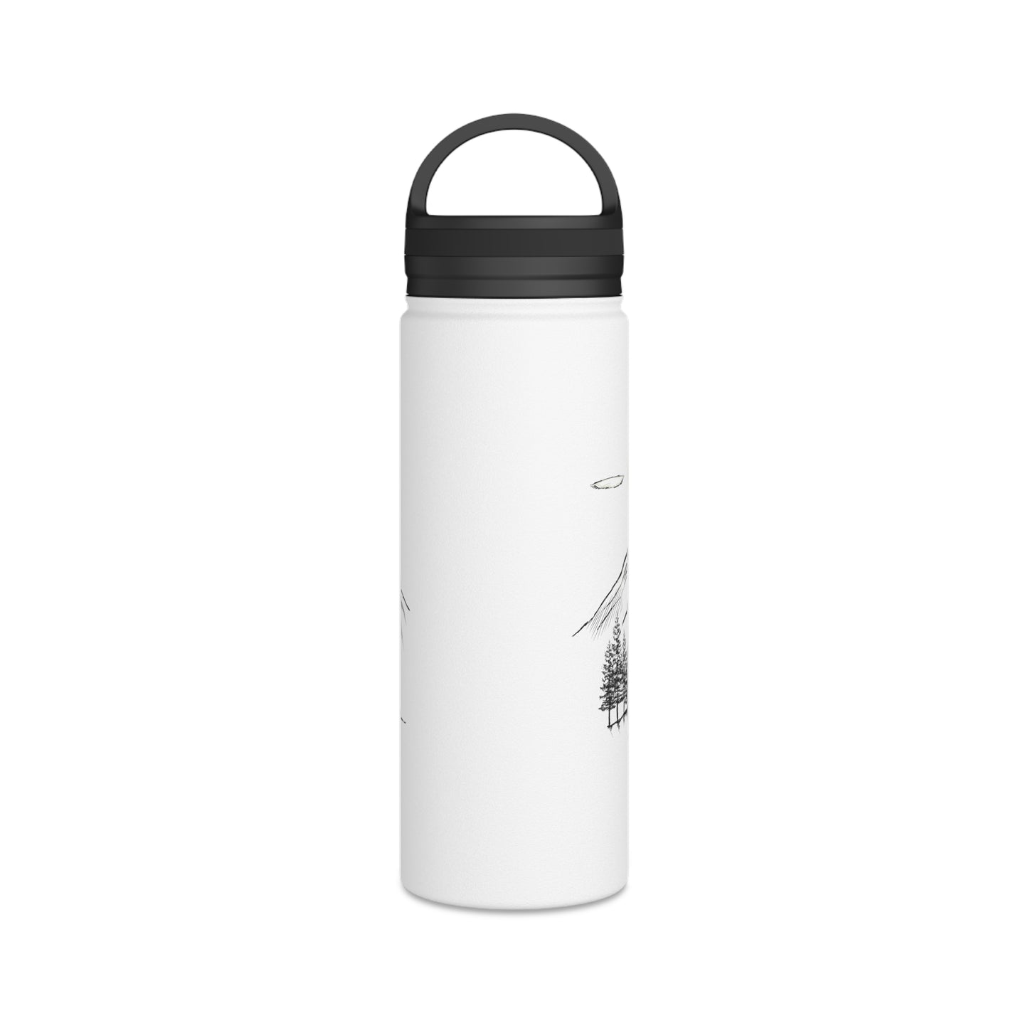 Back view of custom trial sign white water bottle with black lid on a white background.