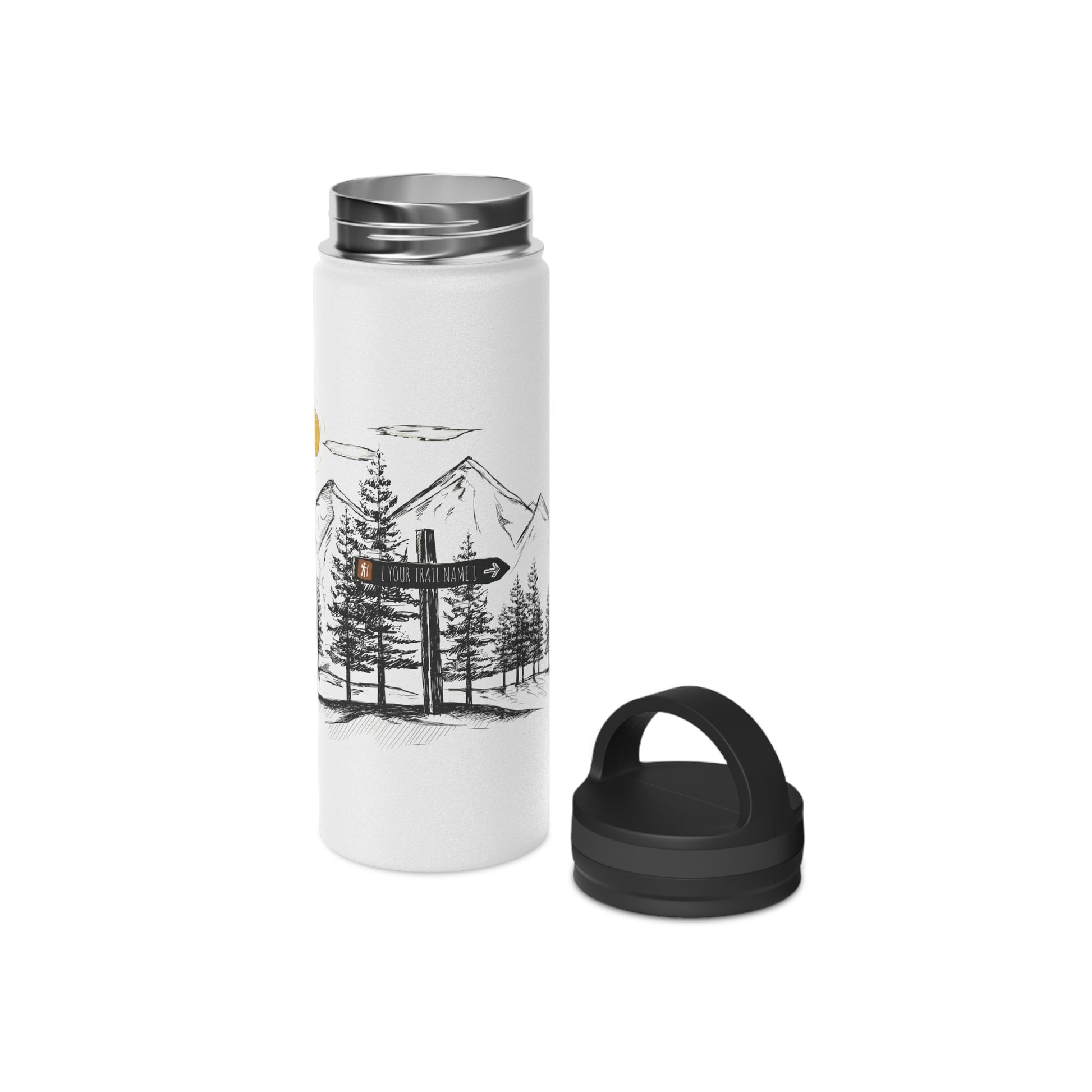 White water bottle with black lid featuring a custom trial sign for hikers on a white background