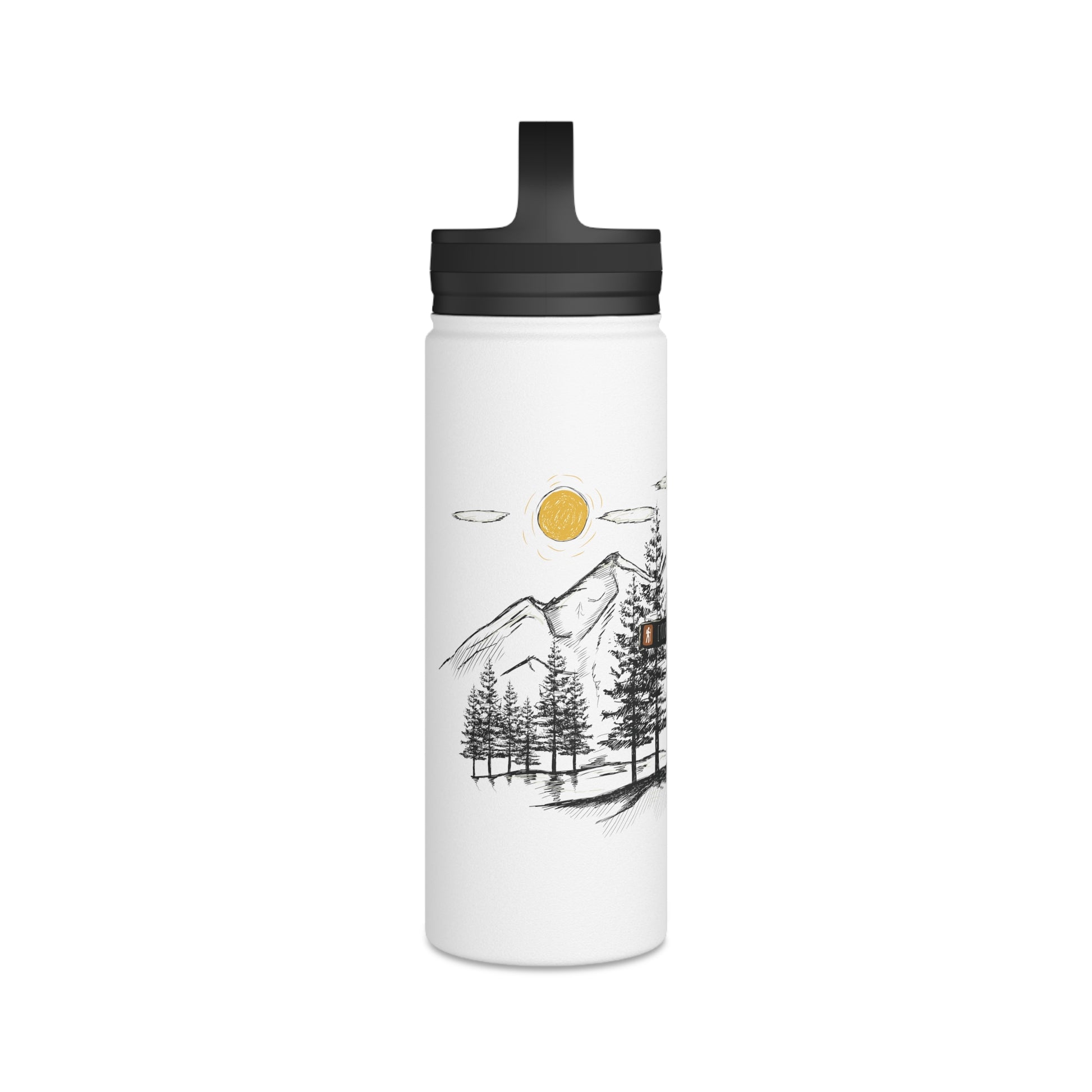 Side view showing the detailed hand-drawn mountain and sun etching wrapping around the 12oz matte white adventure bottle.