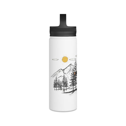 Side view showing the detailed hand-drawn mountain and sun etching wrapping around the 12oz matte white adventure bottle.