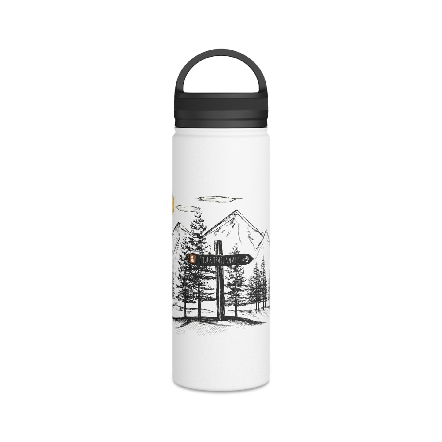 18oz matte white water bottle featuring the "Jordan's Peace" custom milestone text on a hand-etched naturalist hiking sign.
