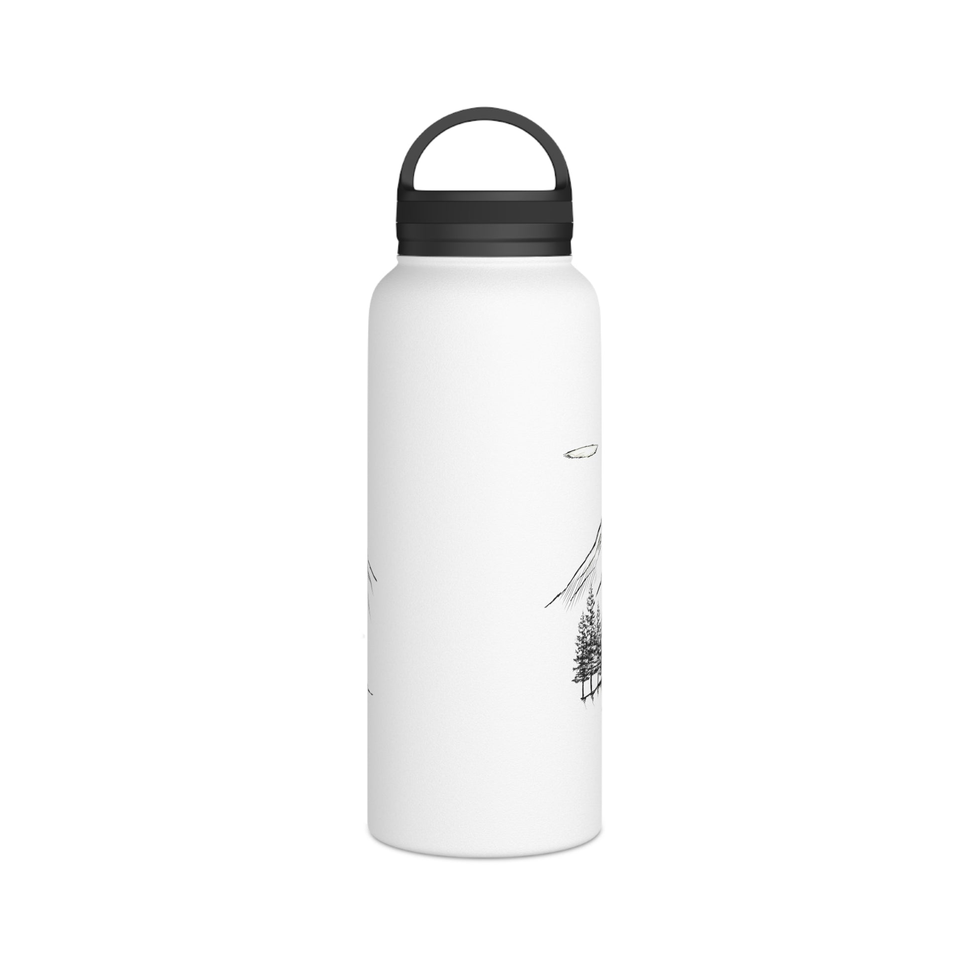 Back view of custom trial sign 32oz white water bottle with black lid on a white background.