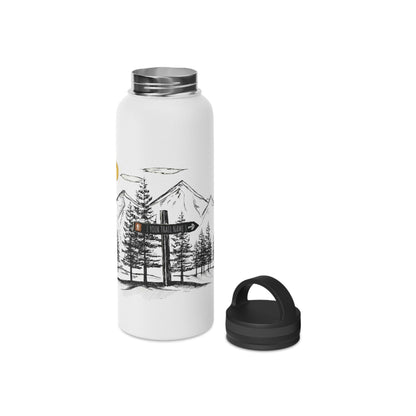 White water bottle with black lid featuring a mountain and trees design and a custom trail sign text on a white background
