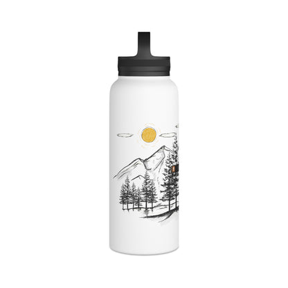 White water bottle with black lid featuring a custom hiking trail sign with illustrated trees and mountain design on a white background