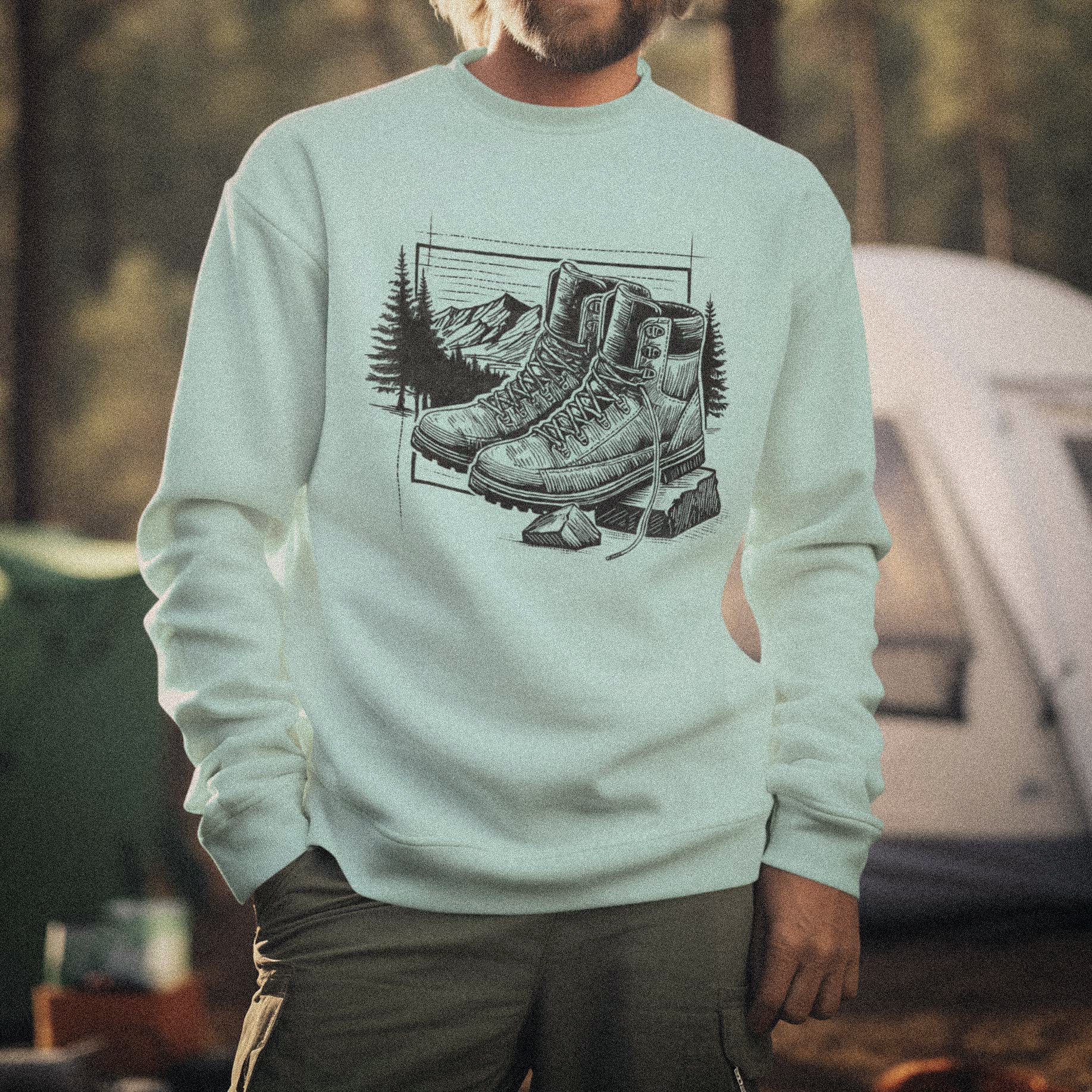 Outdoor lifestyle photography of a person at a campsite wearing the Hiking Boots Artist Series sweatshirt. Features original fine-line studio art on 100% natural cotton with no synthetic blends.