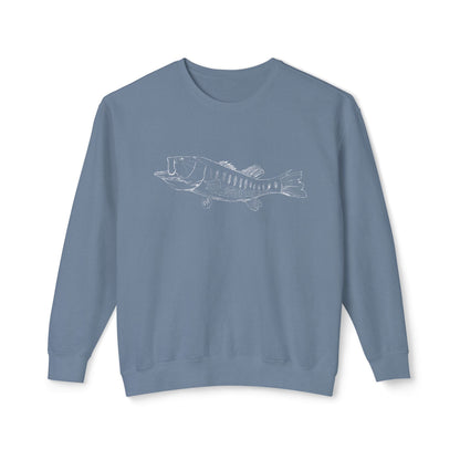 Front view of The Largemouth Bass sweatshirt featuring a fine-line fish illustration on 100% natural ring-spun cotton in Blue Jean.