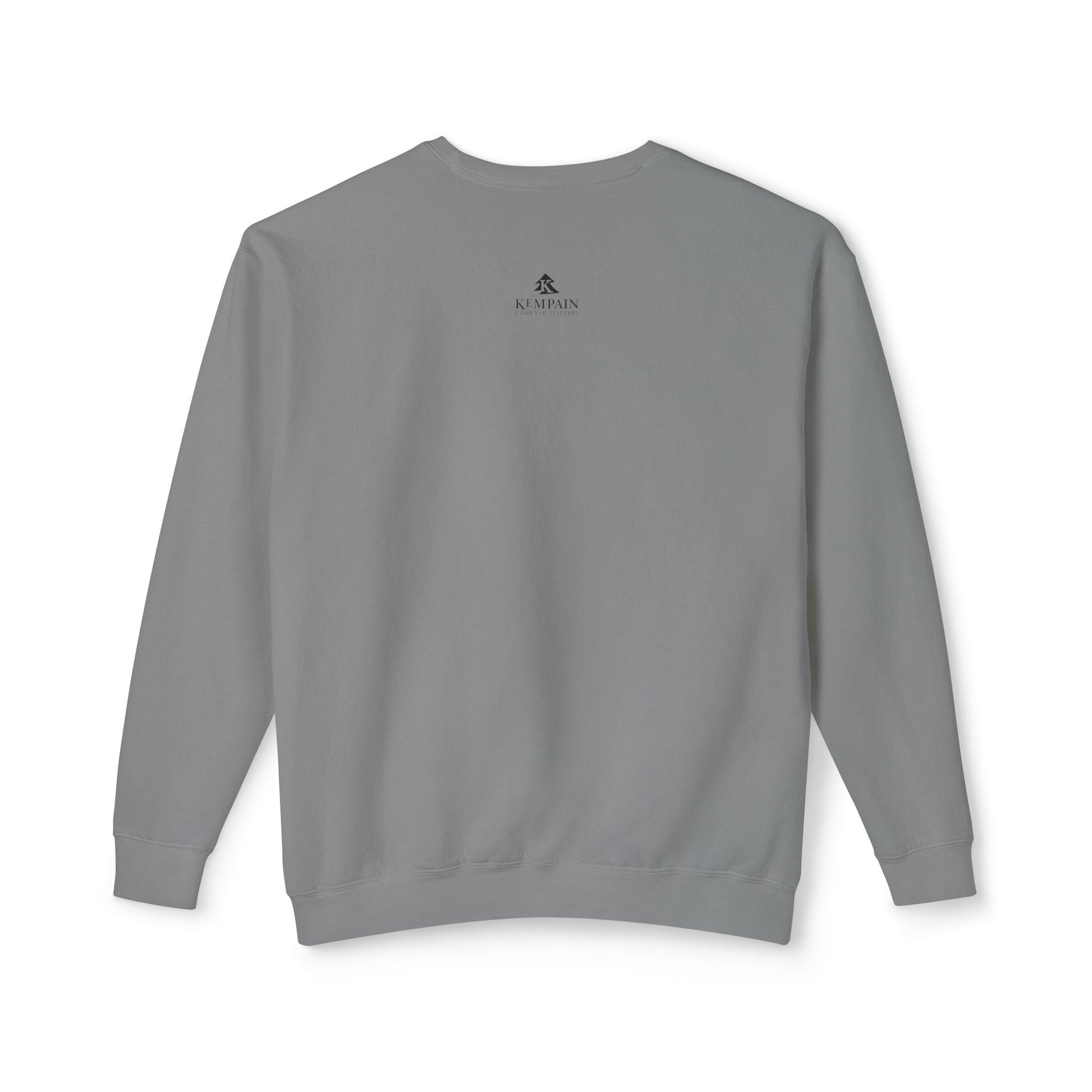 Back view of the Grey 100% cotton sweatshirt detailing the Kempain artist-led branding logo on the outer back neck.