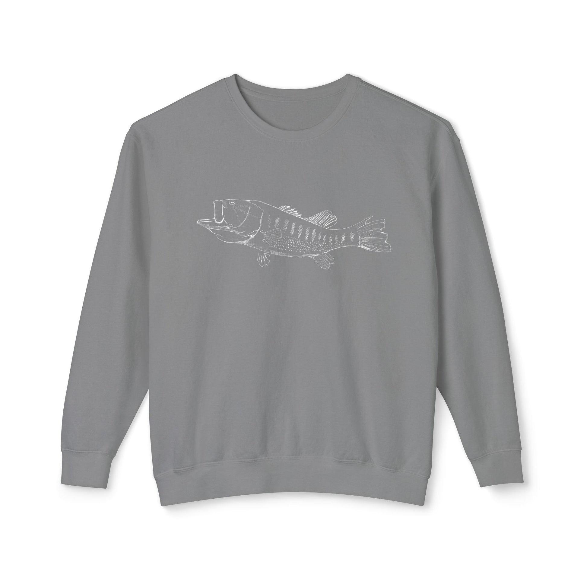 Front view of The Largemouth Bass sweatshirt featuring a fine-line fish illustration on 100% natural ring-spun cotton in Grey.