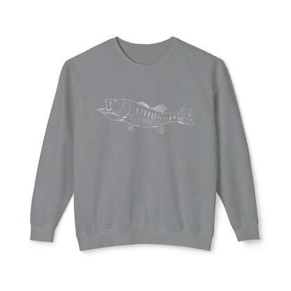 Front view of The Largemouth Bass sweatshirt featuring a fine-line fish illustration on 100% natural ring-spun cotton in Grey.