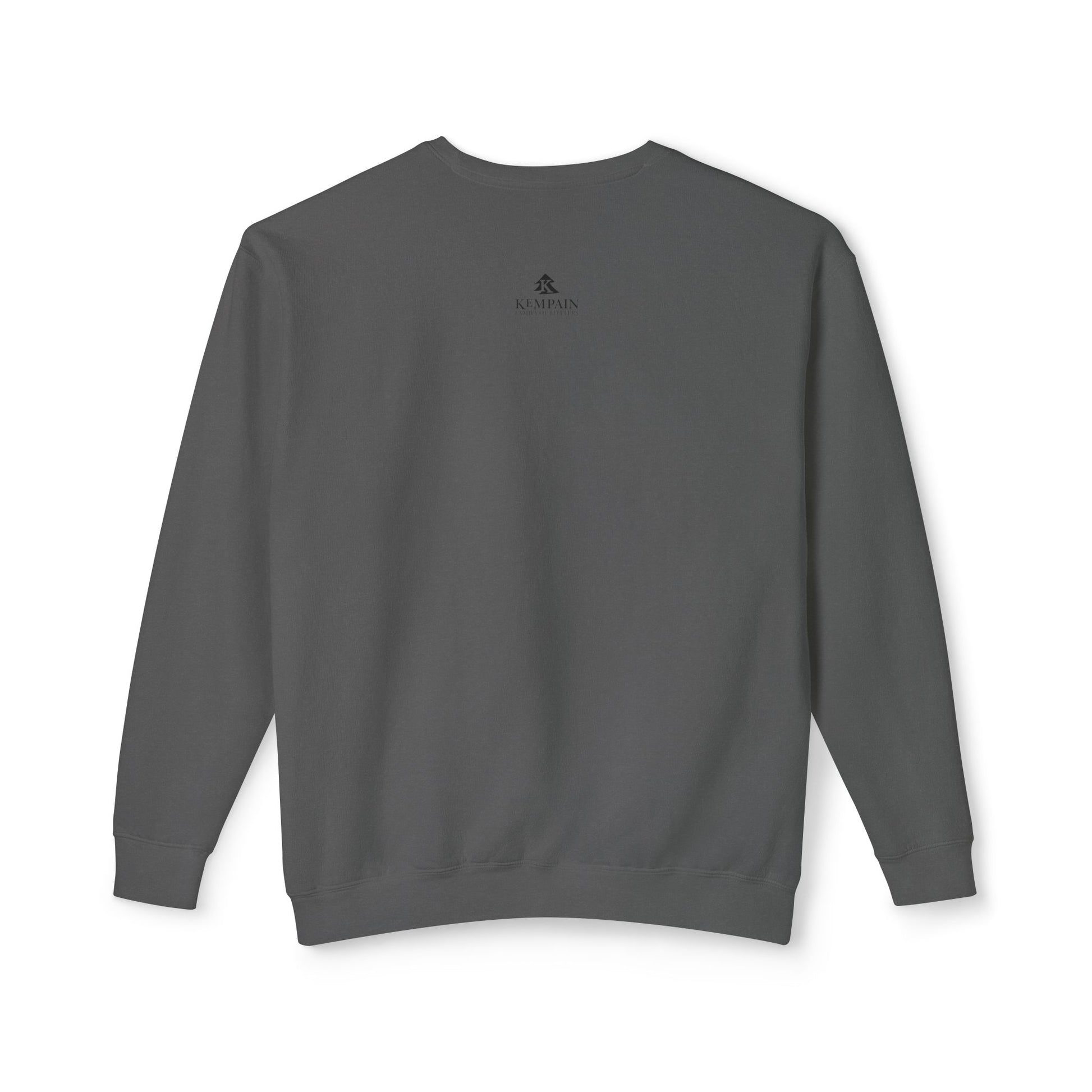 Back view of the Pepper 100% cotton sweatshirt detailing the Kempain artist-led branding logo on the outer back neck.
