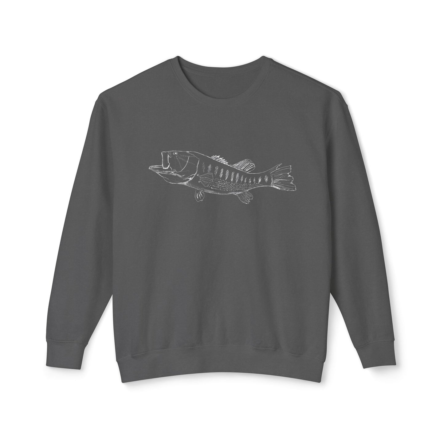 Front view of The Largemouth Bass sweatshirt featuring a fine-line fish illustration on 100% natural ring-spun cotton in Pepper grey.