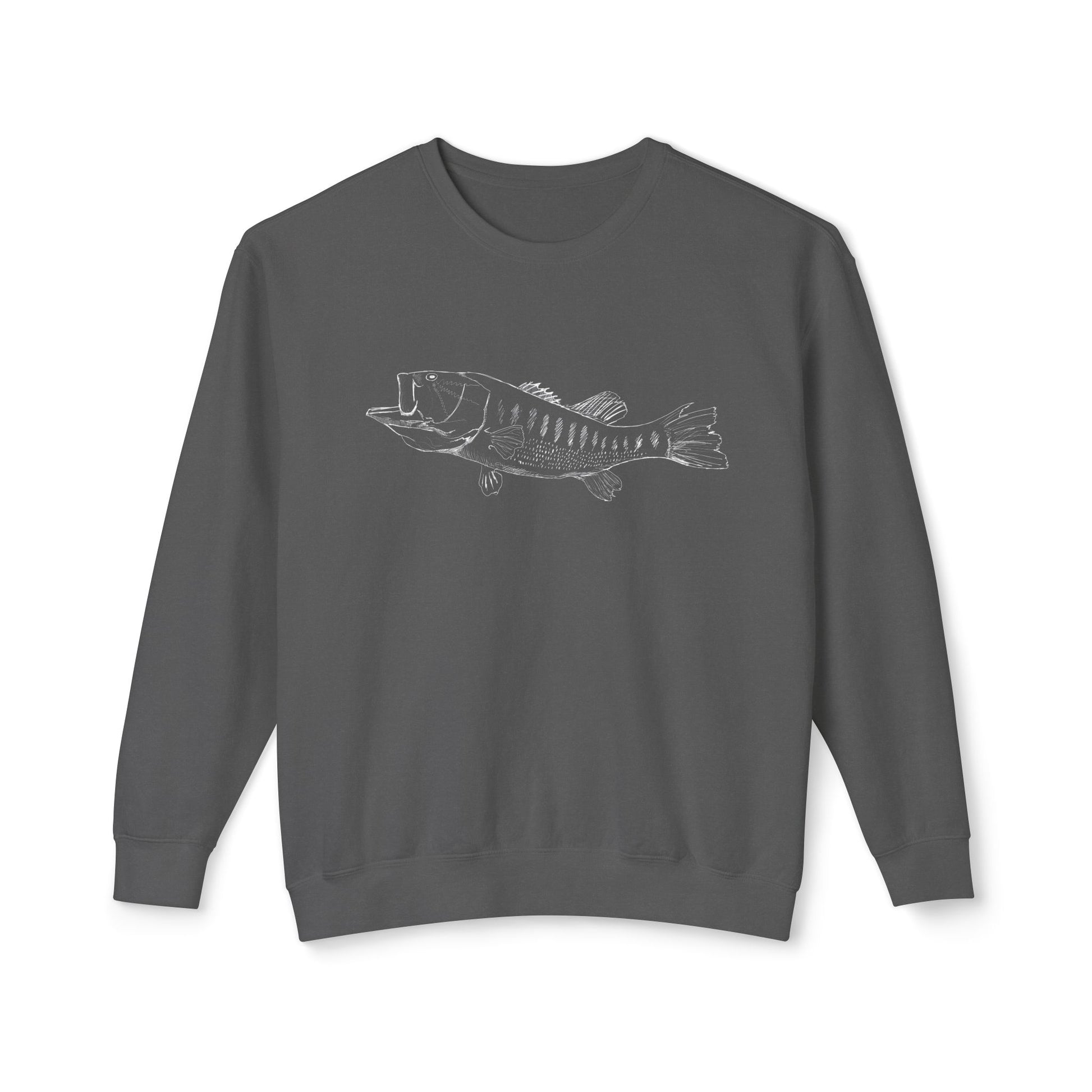 Front view of The Largemouth Bass sweatshirt featuring a fine-line fish illustration on 100% natural ring-spun cotton in Pepper grey.