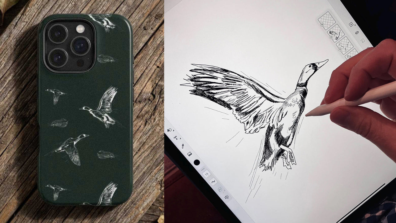 Kempain artist hand-drawing a mallard duck illustration on an iPad alongside the finished impact phone case.