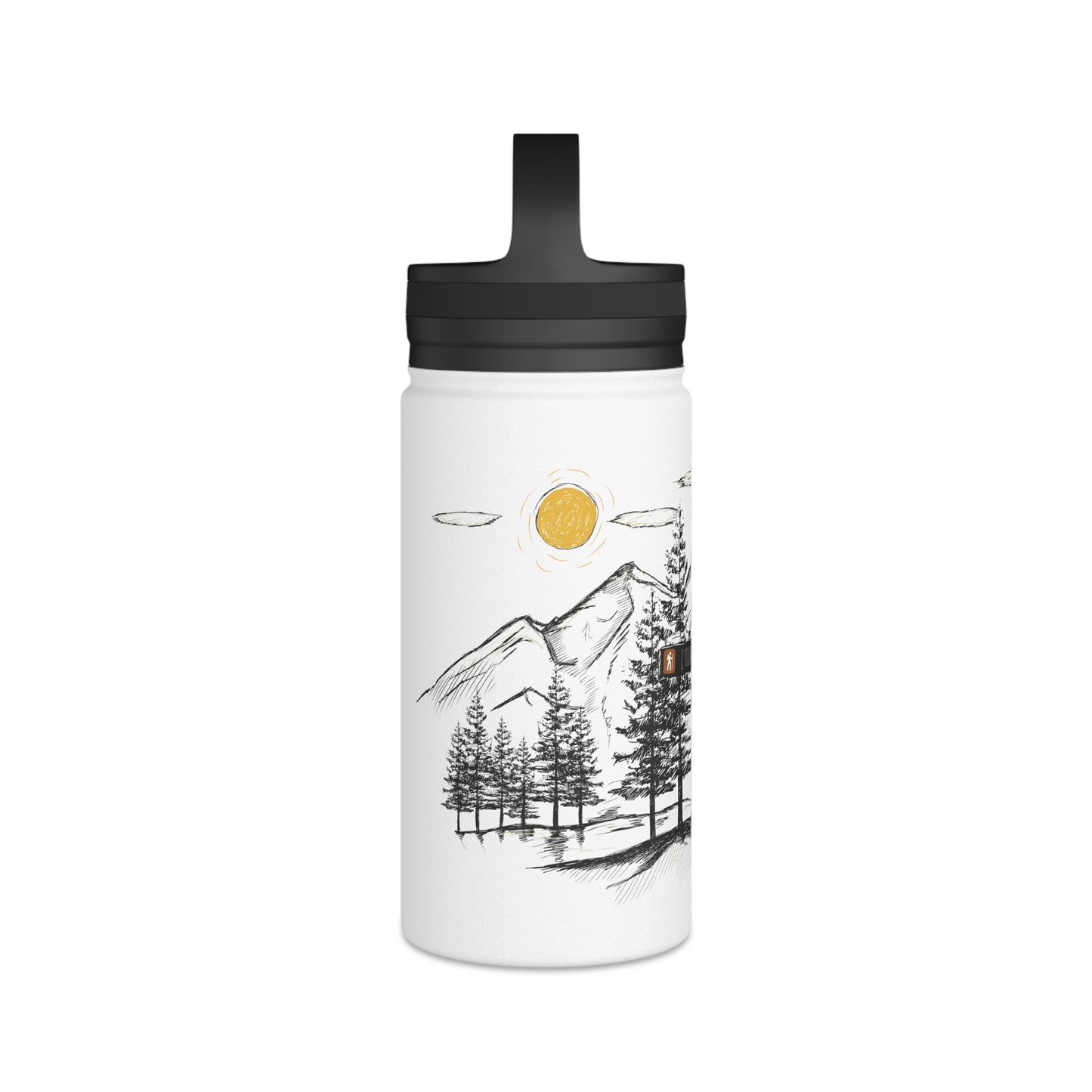Side view showing the detailed hand-drawn mountain and sun etching wrapping around the 12oz matte white adventure bottle.