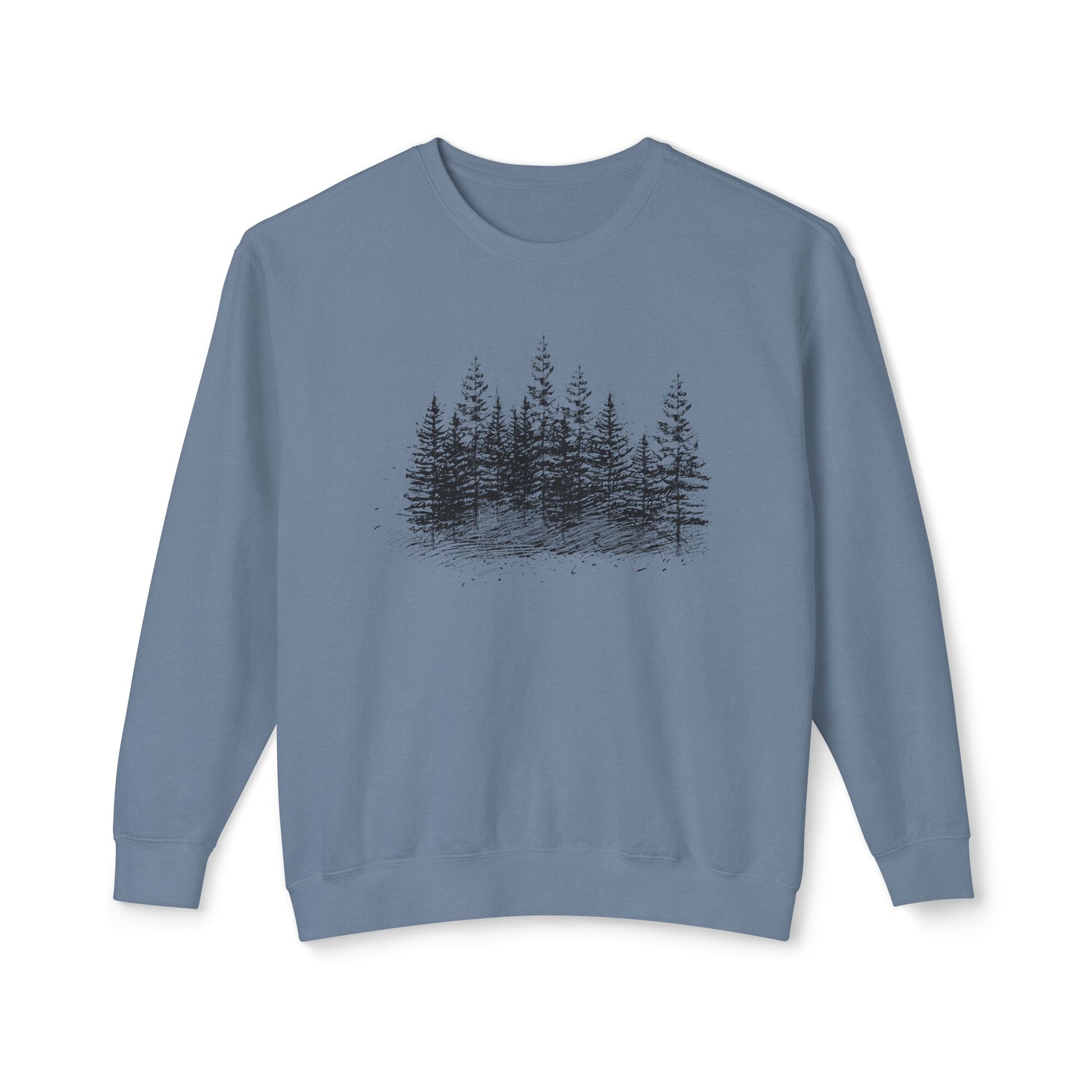 Front view of The Timber Line sweatshirt featuring hand-drawn geometric forest art on Blue Jean 100% natural ring-spun cotton.