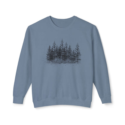 Front view of The Timber Line sweatshirt featuring hand-drawn geometric forest art on Blue Jean 100% natural ring-spun cotton.