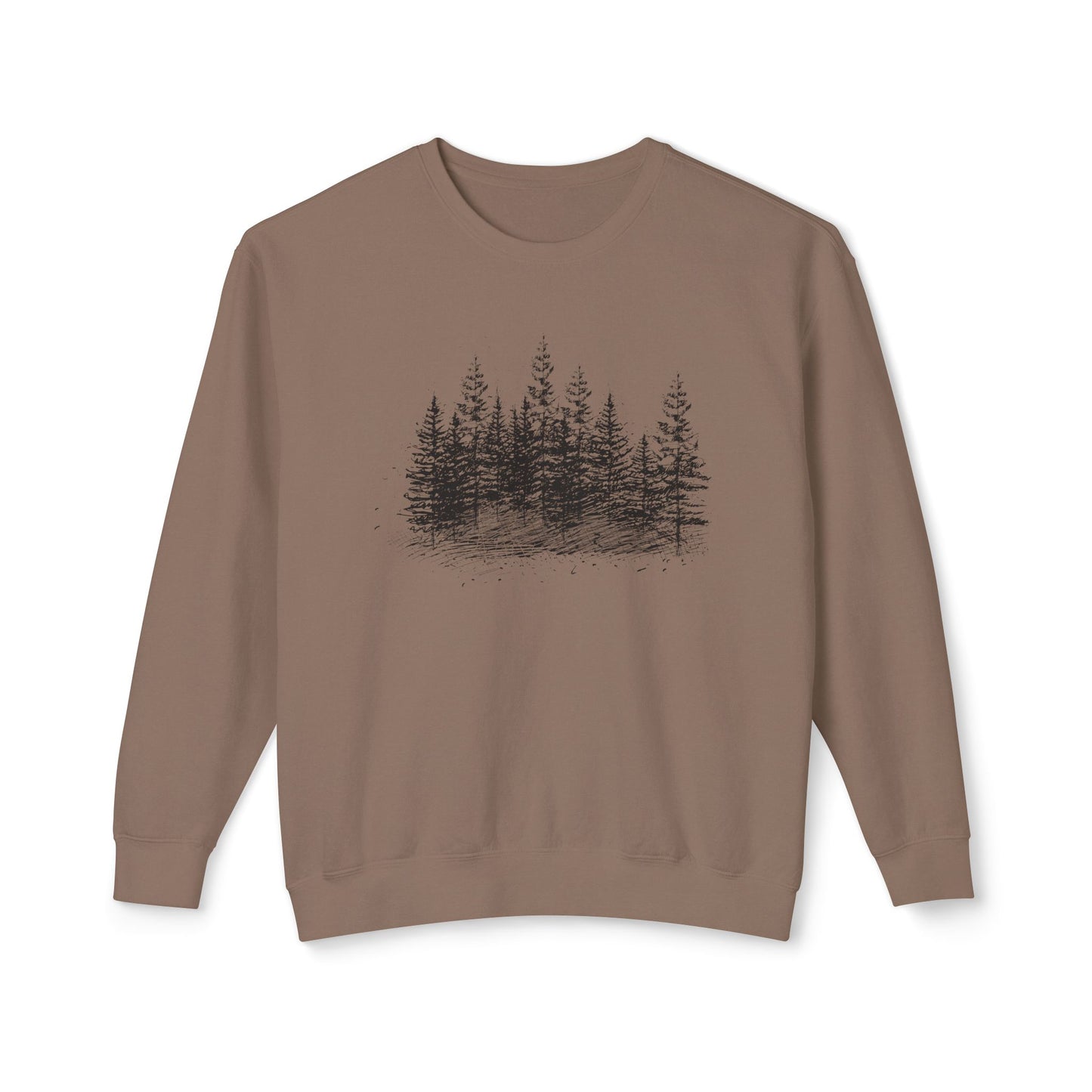 Front view of The Timber Line sweatshirt featuring hand-drawn geometric forest art on Espresso 100% natural ring-spun cotton.