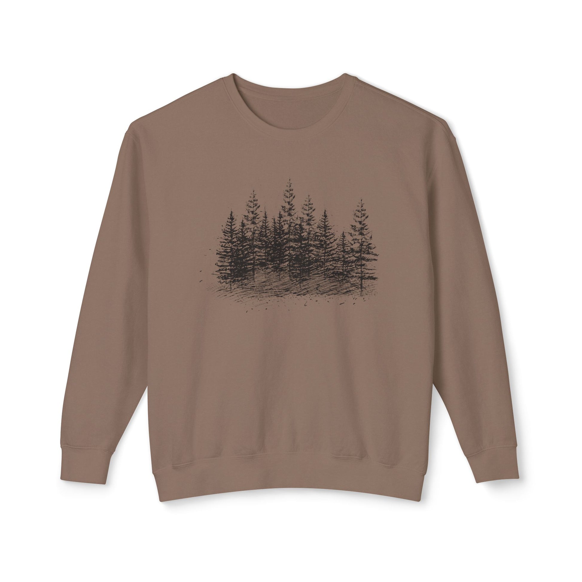 Front view of The Timber Line sweatshirt featuring hand-drawn geometric forest art on Espresso 100% natural ring-spun cotton.