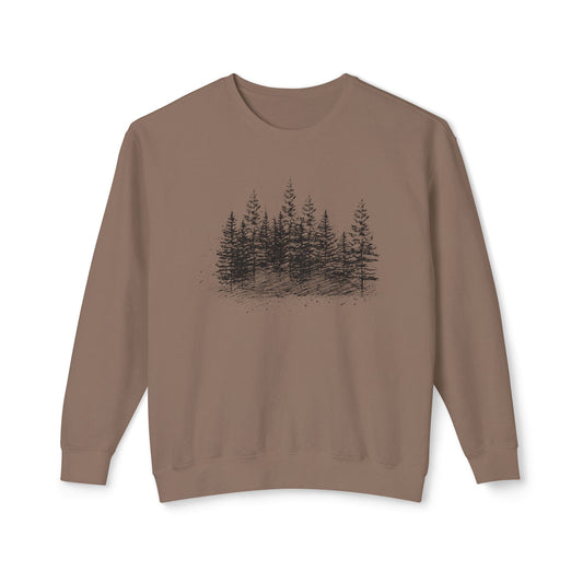 Front view of The Timber Line sweatshirt featuring hand-drawn geometric forest art on Espresso 100% natural ring-spun cotton.
