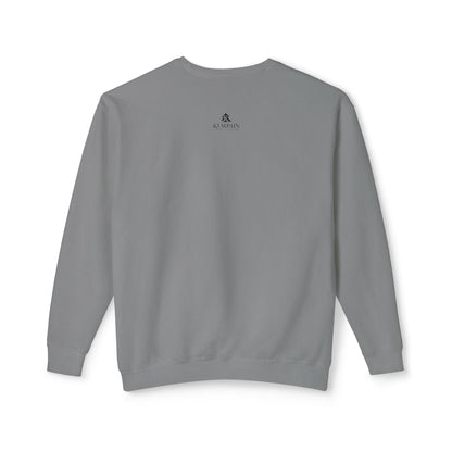 Back view of 100% cotton gray sweatshirt showing the Kempain artist-led branding logo on the outer back neck.