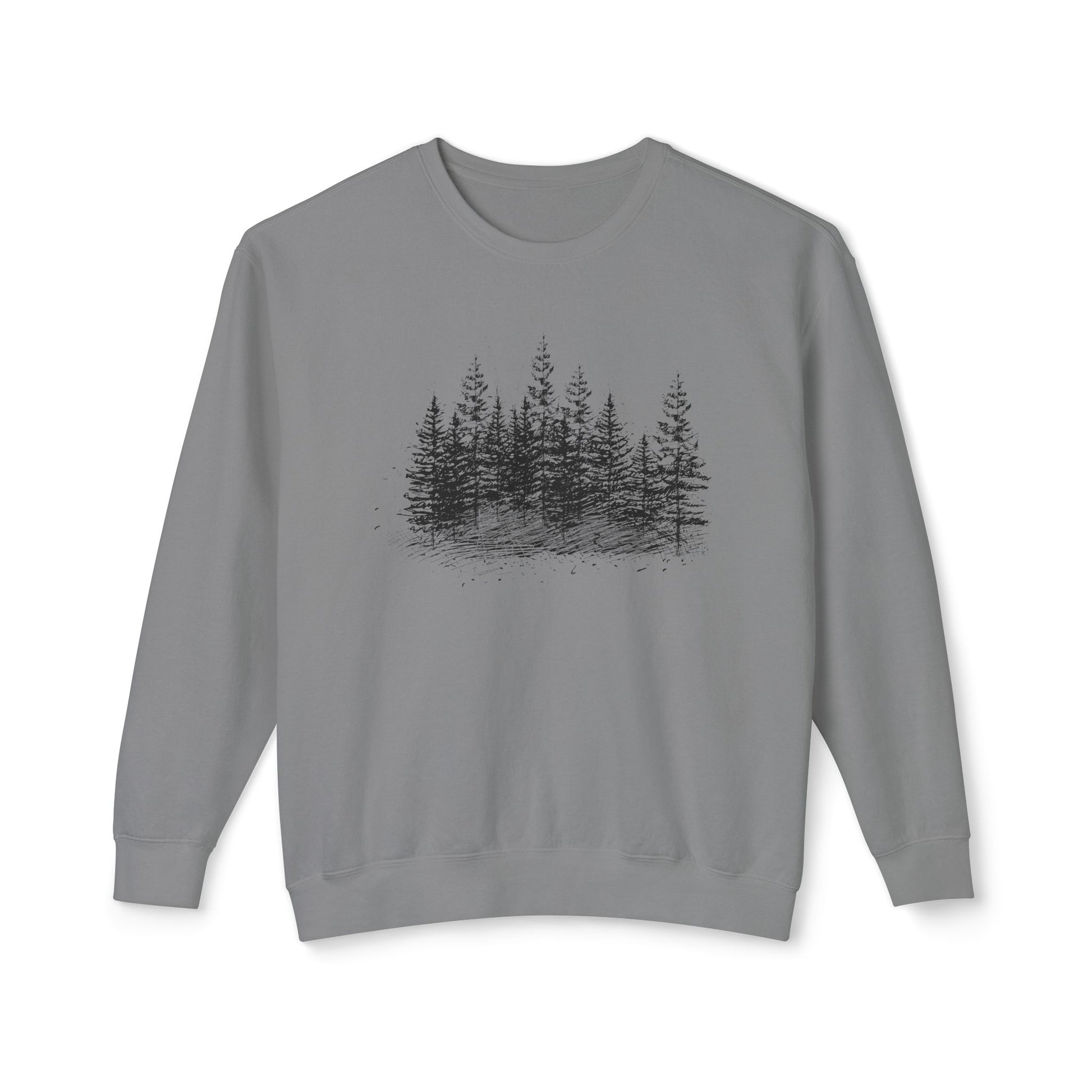 Front view of The Timber Line sweatshirt featuring hand-drawn geometric forest art on gray 100% natural ring-spun cotton.