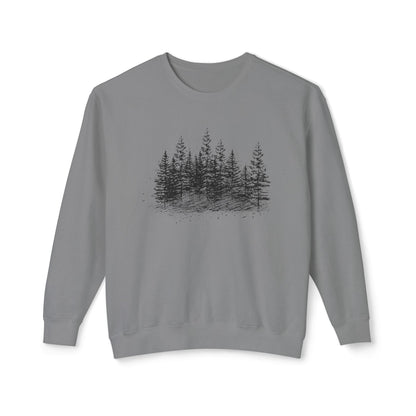 Front view of The Timber Line sweatshirt featuring hand-drawn geometric forest art on gray 100% natural ring-spun cotton.