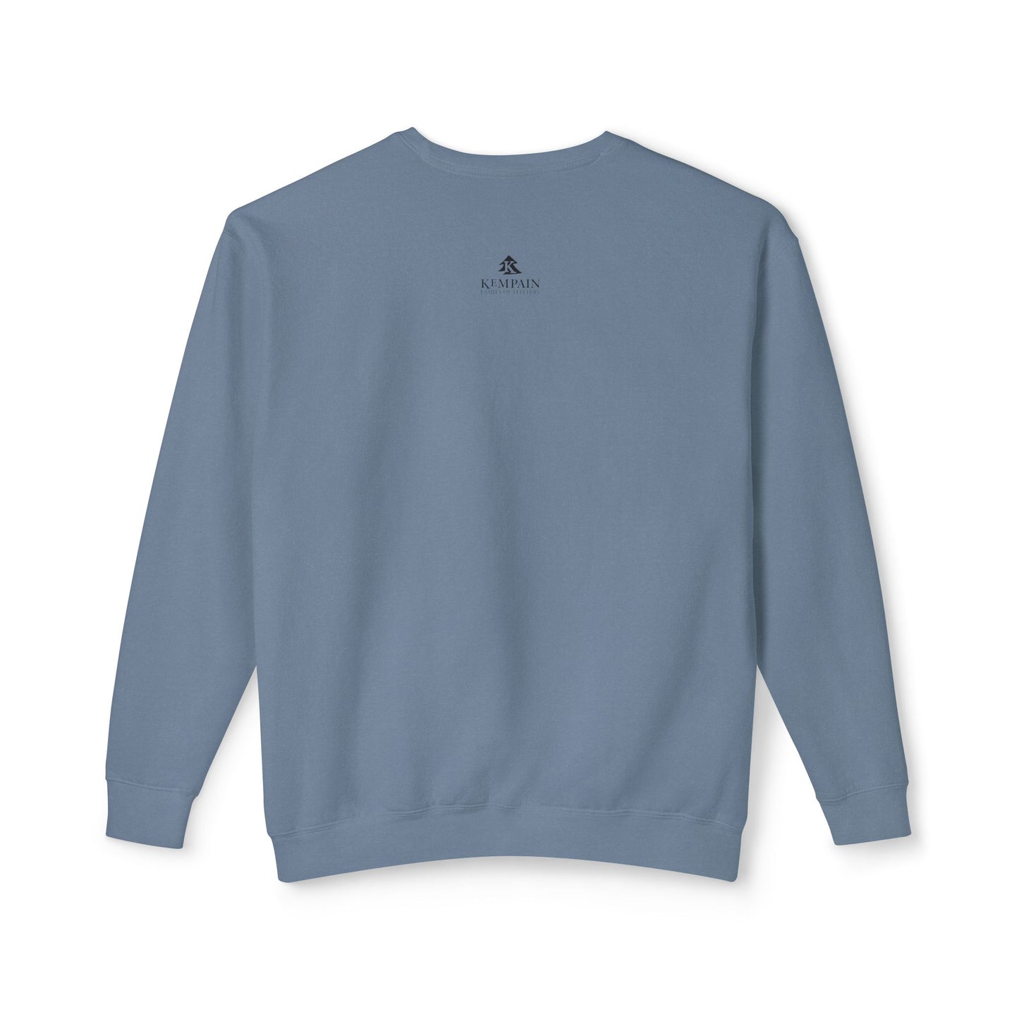 Back view of the Triple Fish Artist Crewneck in Blue Jean, detailing the Kempain artist-led branding logo on the outer back neck of the 100% ring-spun cotton, 6.4 oz field-weight sweatshirt.