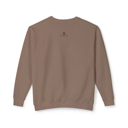 Back view of the Triple Fish Artist Crewneck in Espresso, detailing the Kempain artist-led branding logo on the outer back neck of the 100% ring-spun cotton, 6.4 oz field-weight sweatshirt.