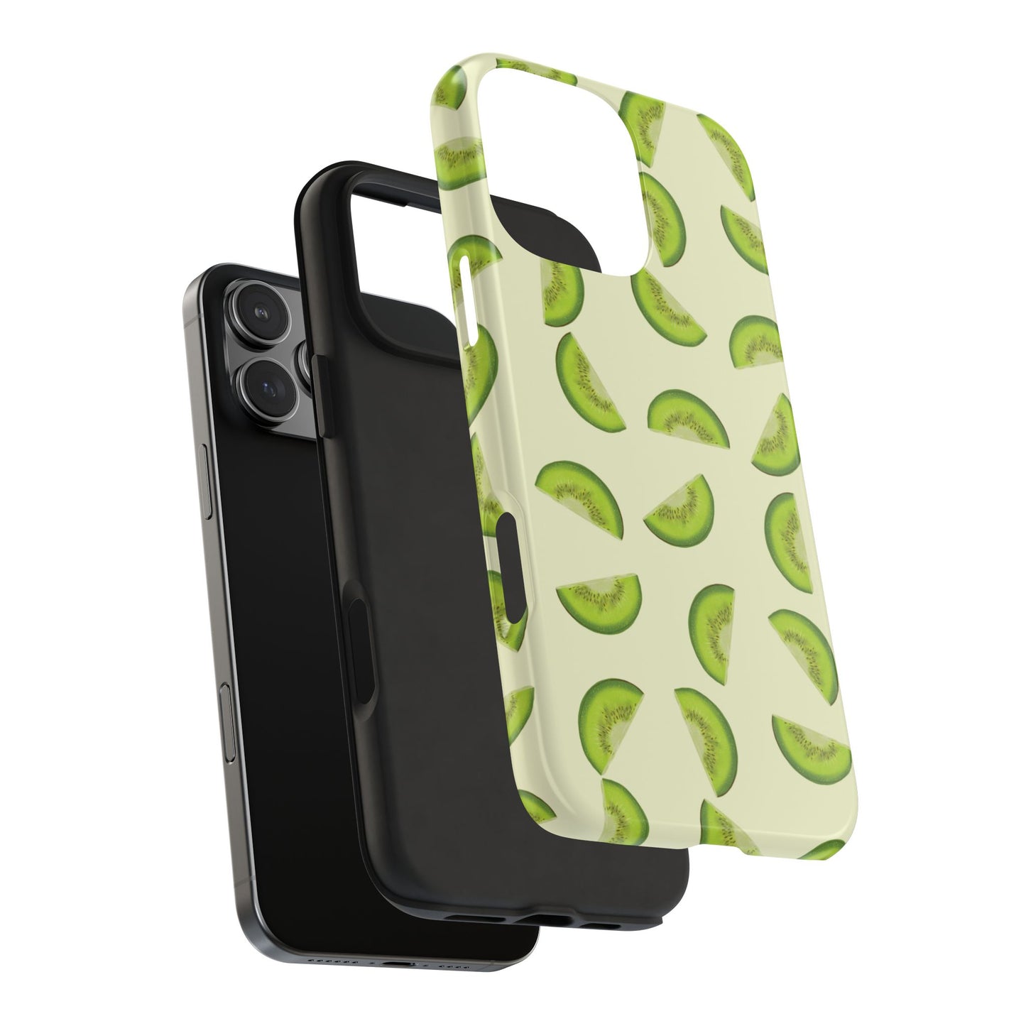 Exploded view of Kiwi Pattern Phone Case showing impact-resistant outer shell and inner rubber liner for added drop protection.