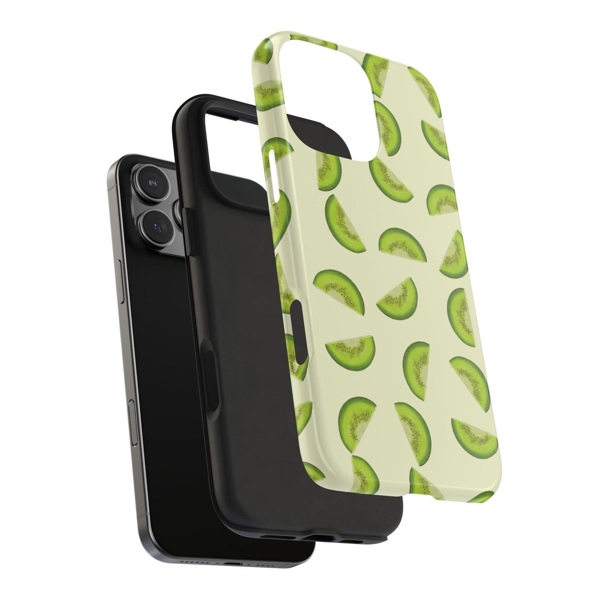 Exploded view of Kiwi Pattern Phone Case showing impact-resistant outer shell and inner rubber liner for added drop protection.
