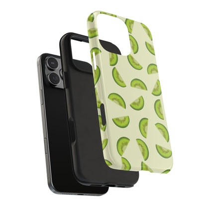 Exploded view of Kiwi Pattern Phone Case showing impact-resistant outer shell and inner rubber liner for added drop protection.
