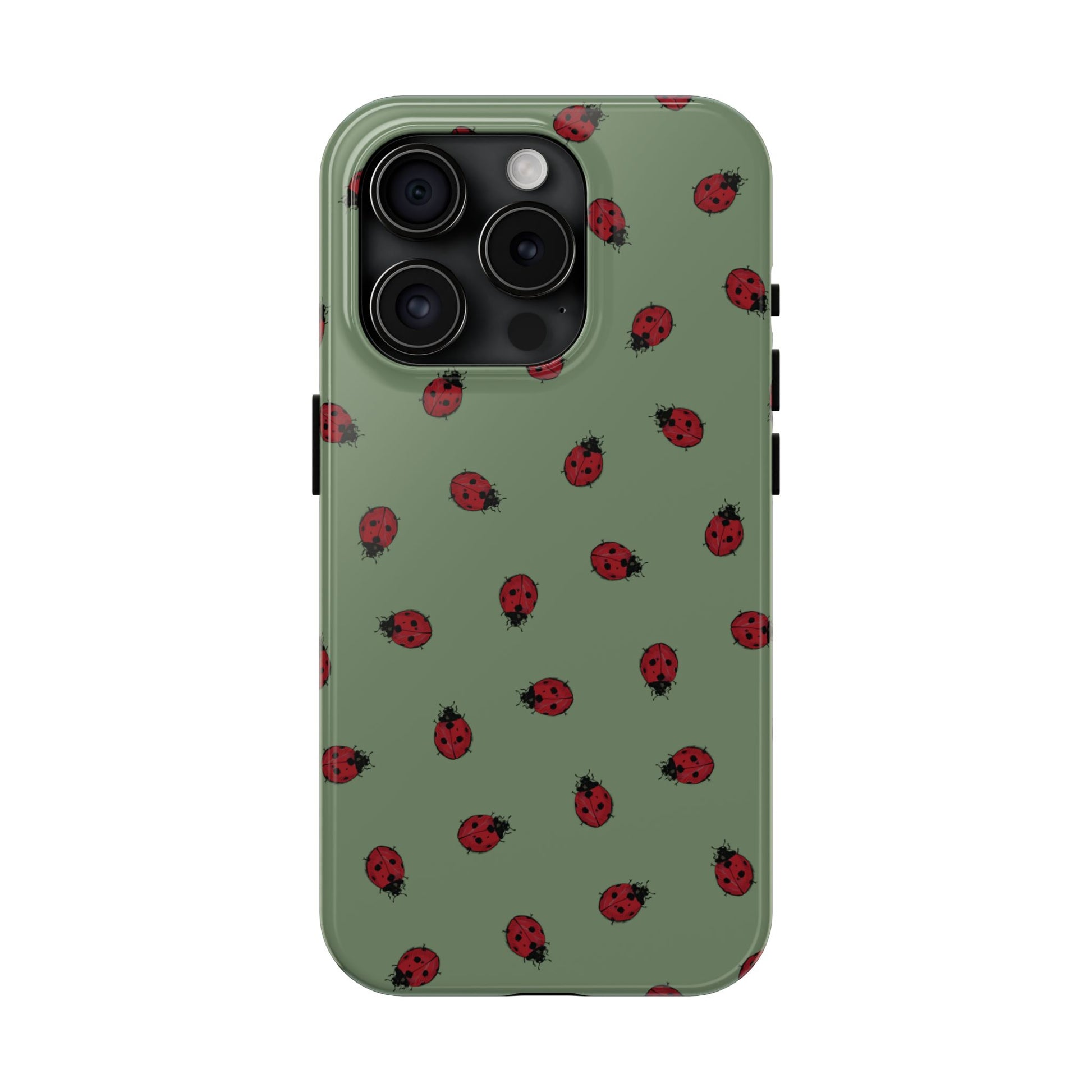 Phone case with ladybug pattern on a green background