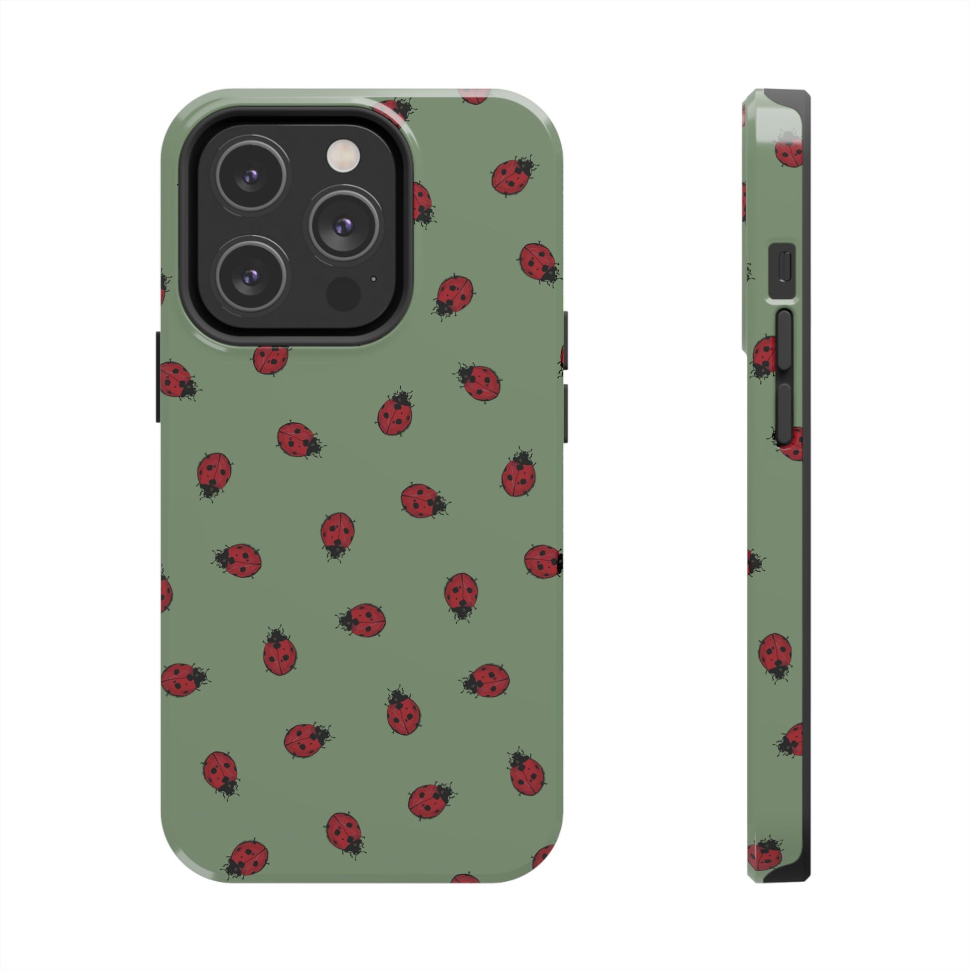 Phone case with ladybug pattern on a green background