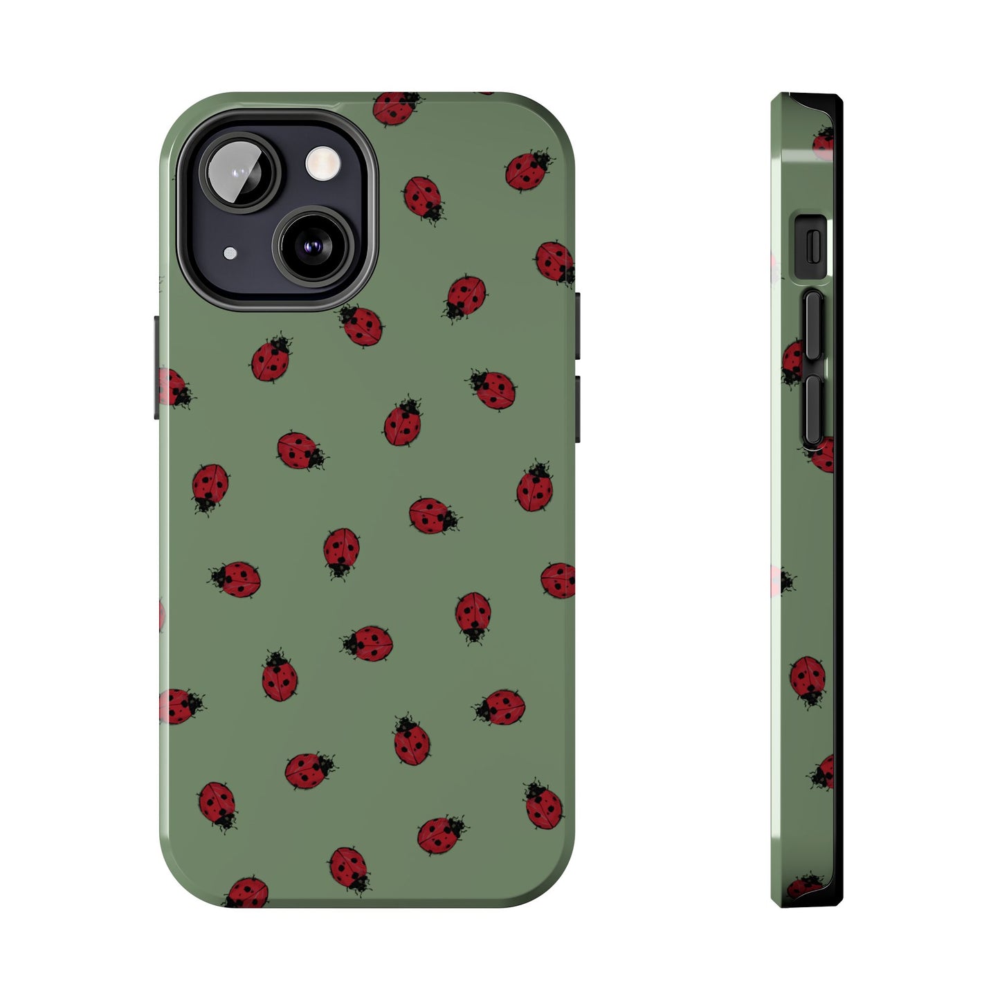 Phone case with ladybug pattern on a green background