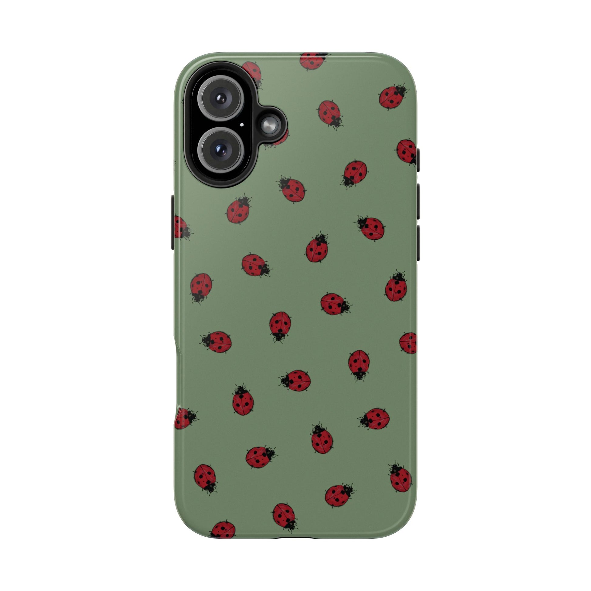 Phone case with ladybug pattern on a green background