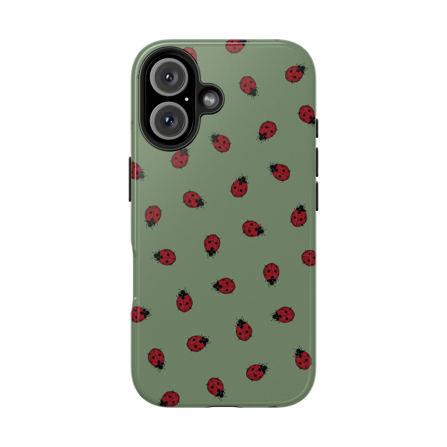 Phone case with ladybug pattern on a green background