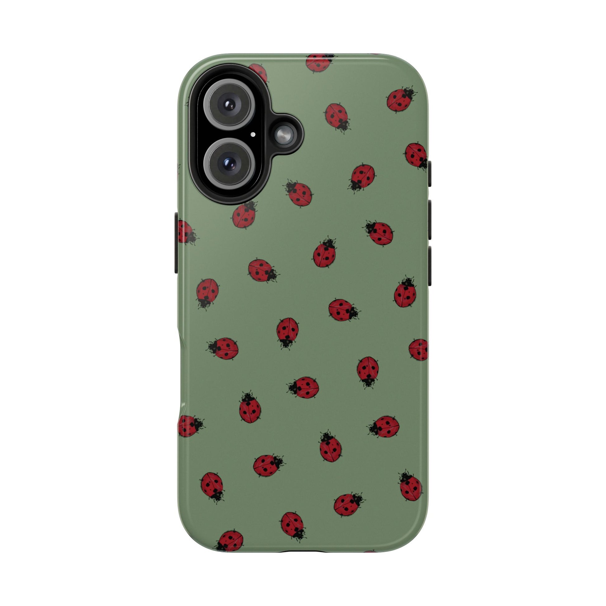 Phone case with ladybug pattern on a green background