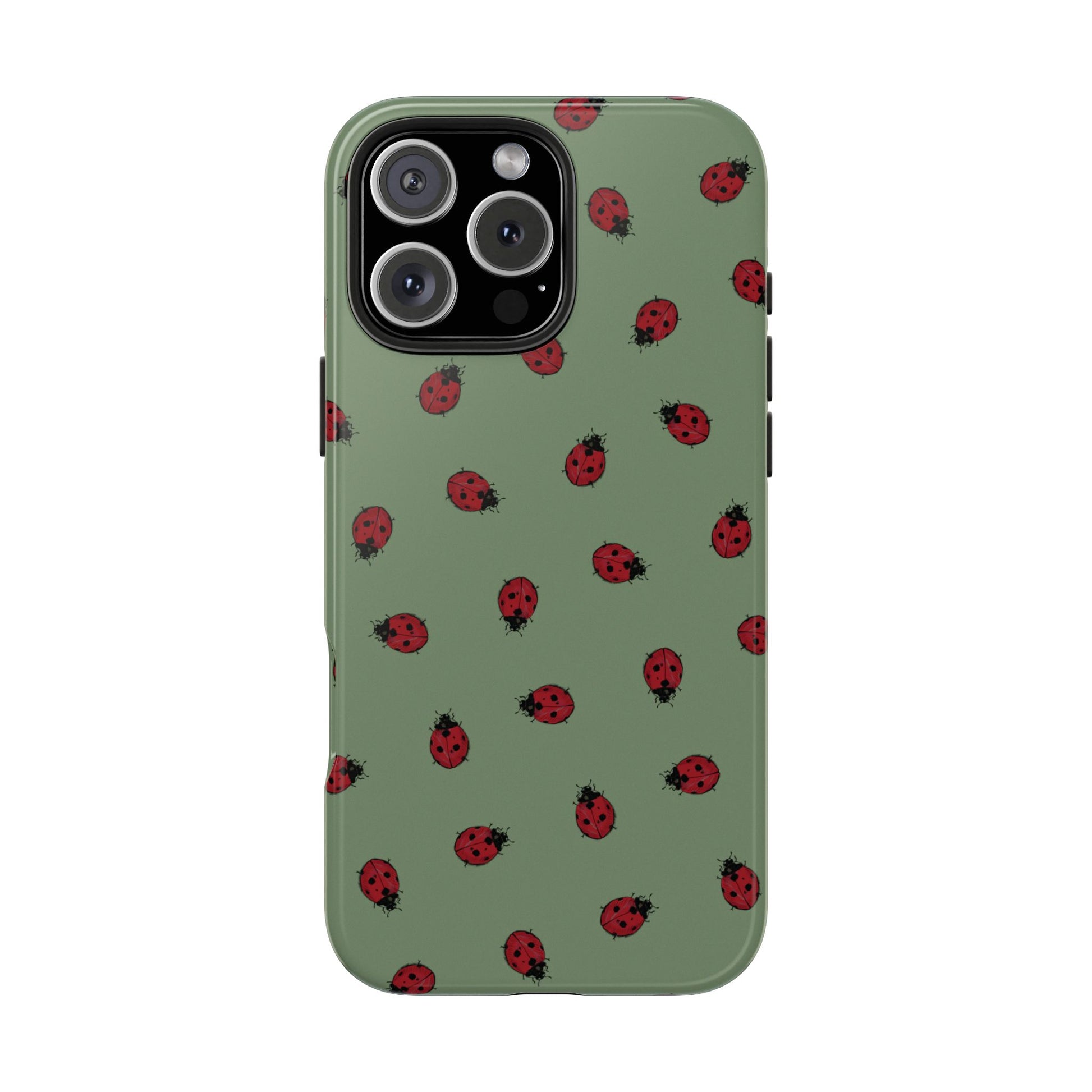 Phone case with ladybug pattern on a green background