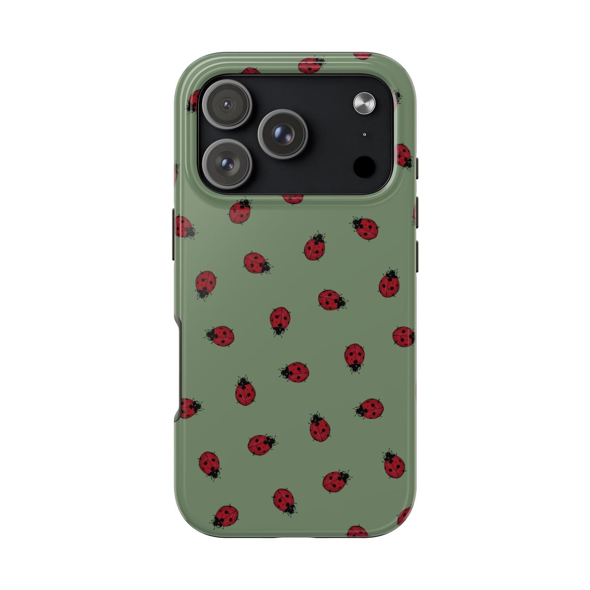 Phone case with ladybug pattern on a green background