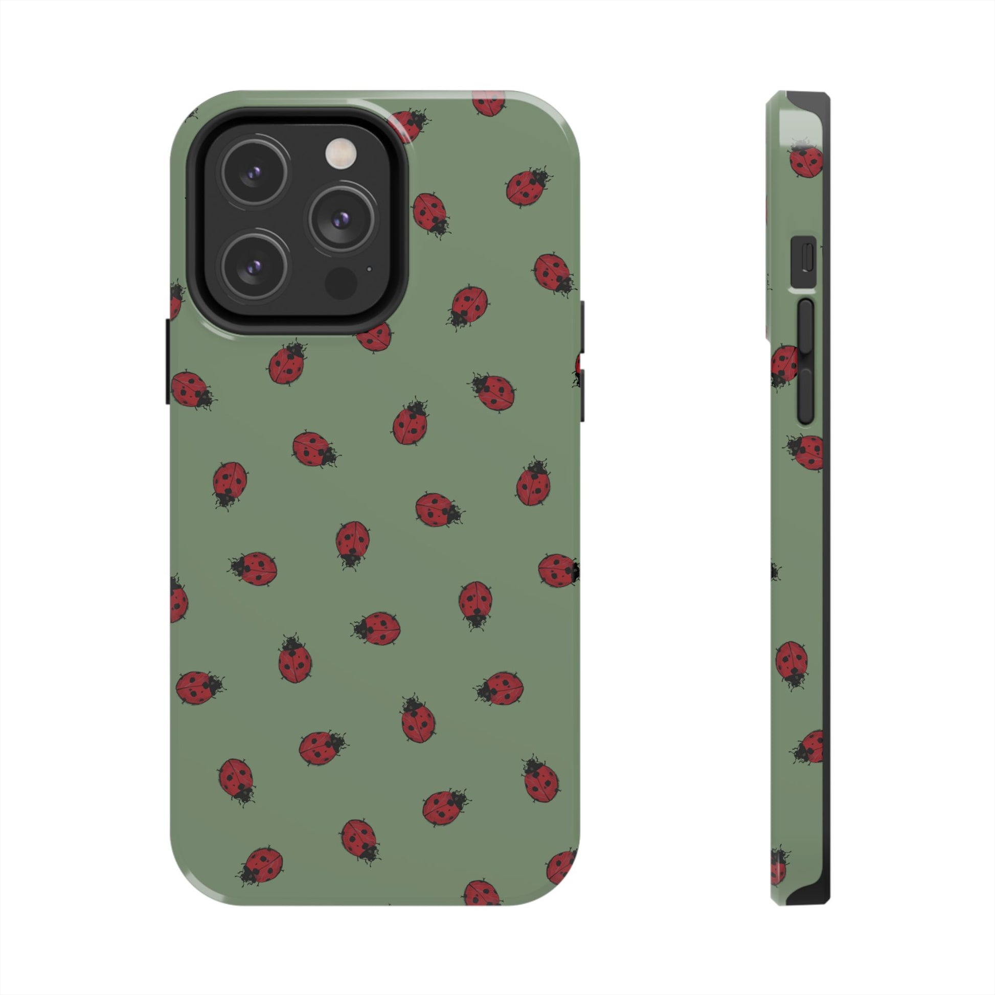 Phone case with ladybug pattern on a green background