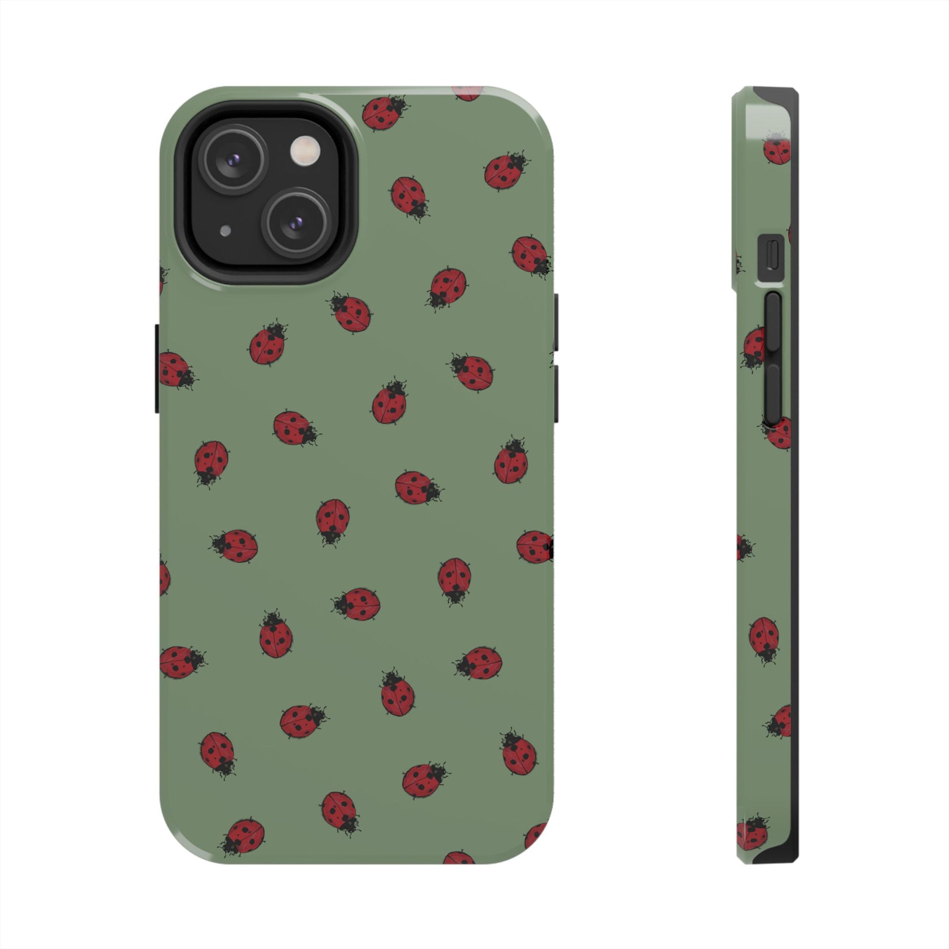 Phone case with ladybug pattern on a green background