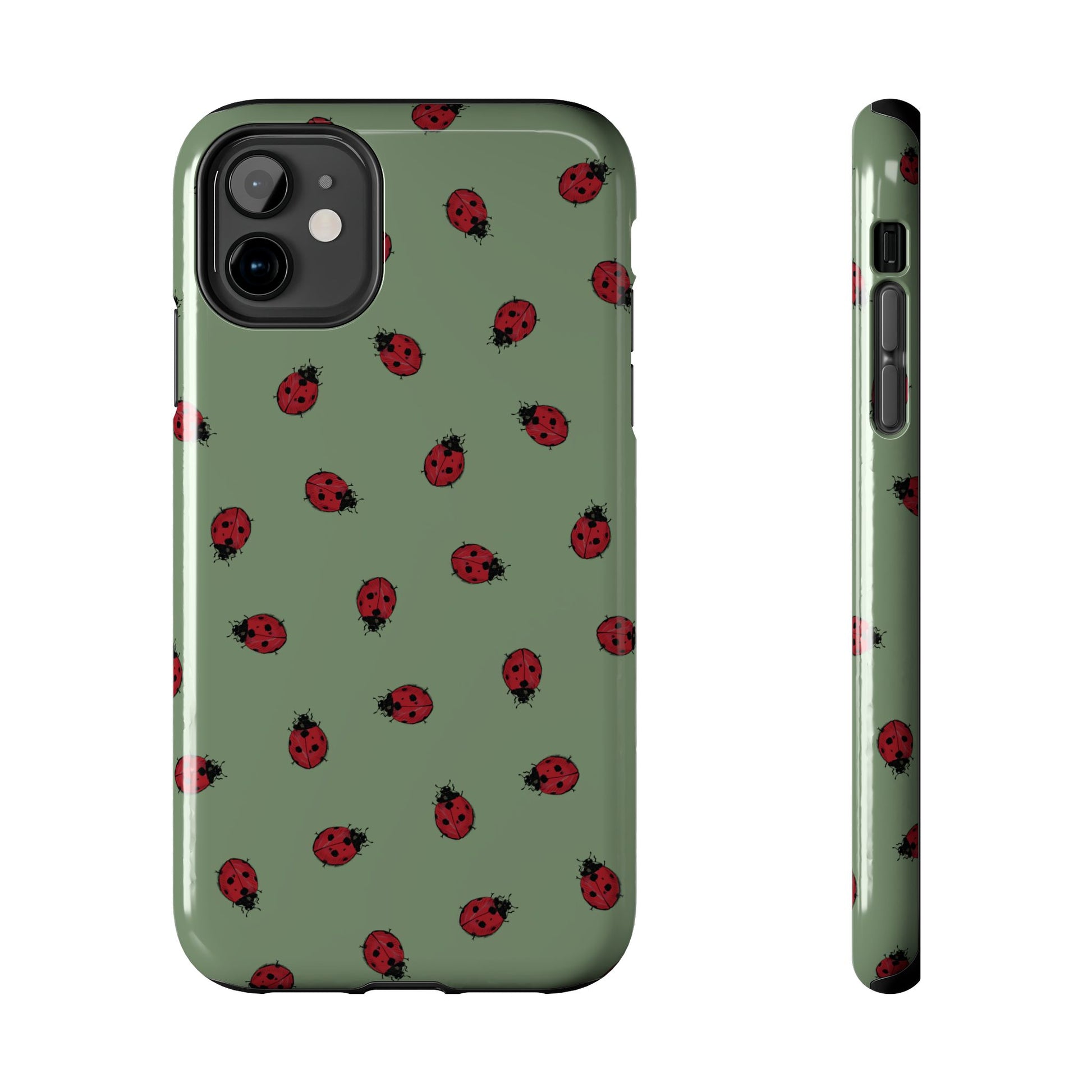 Phone case with ladybug pattern on a green background