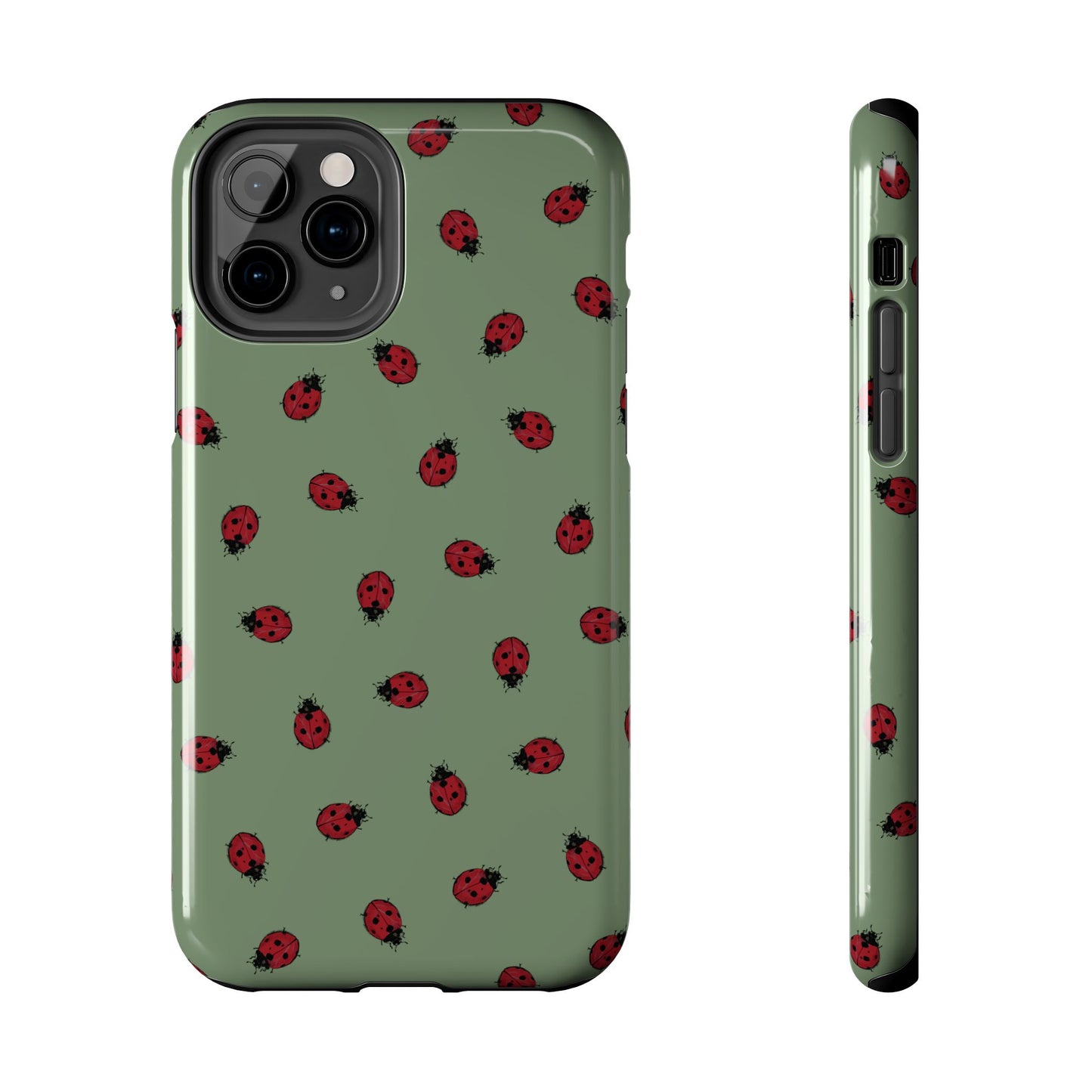 Phone case with ladybug pattern on a green background