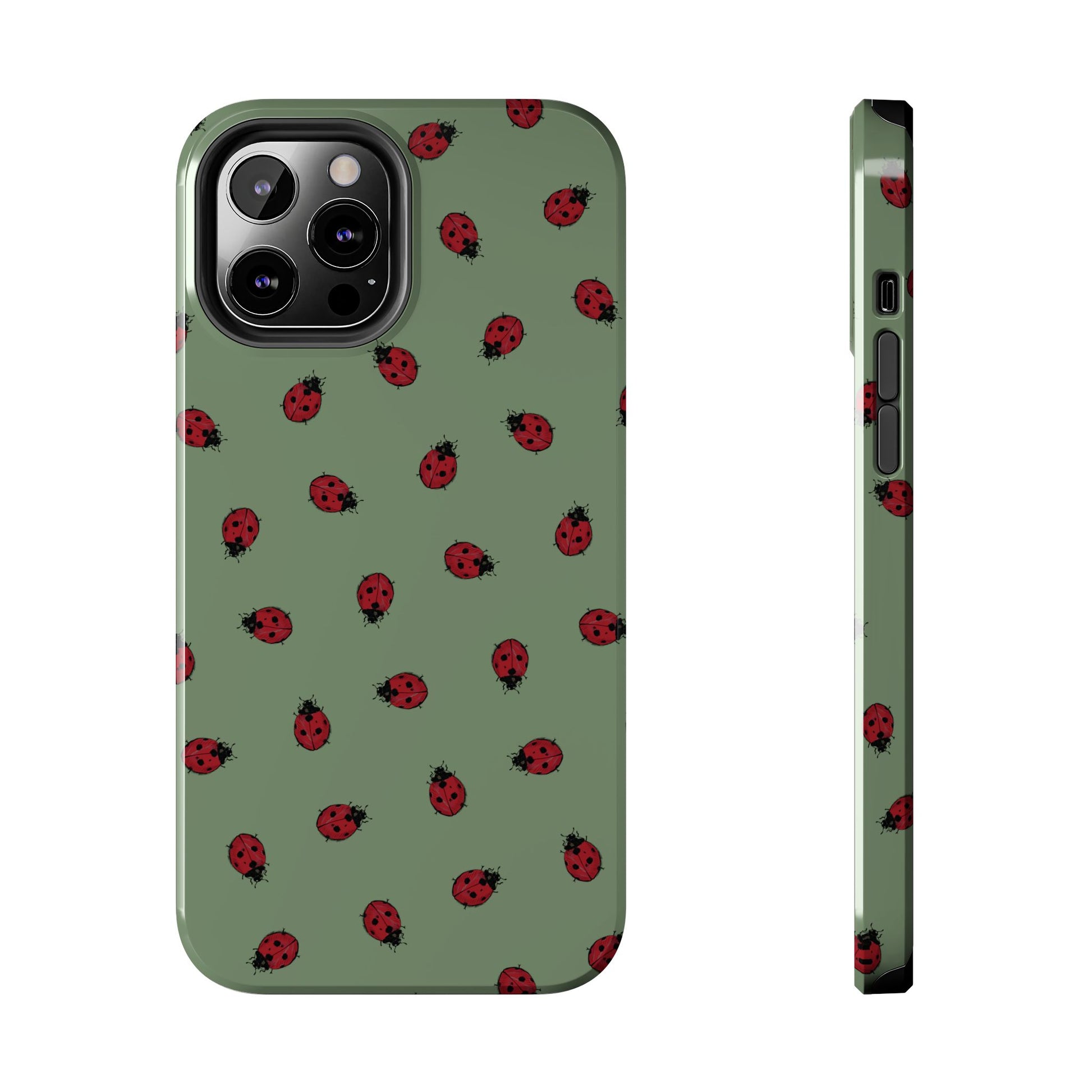 Phone case with ladybug pattern on a green background