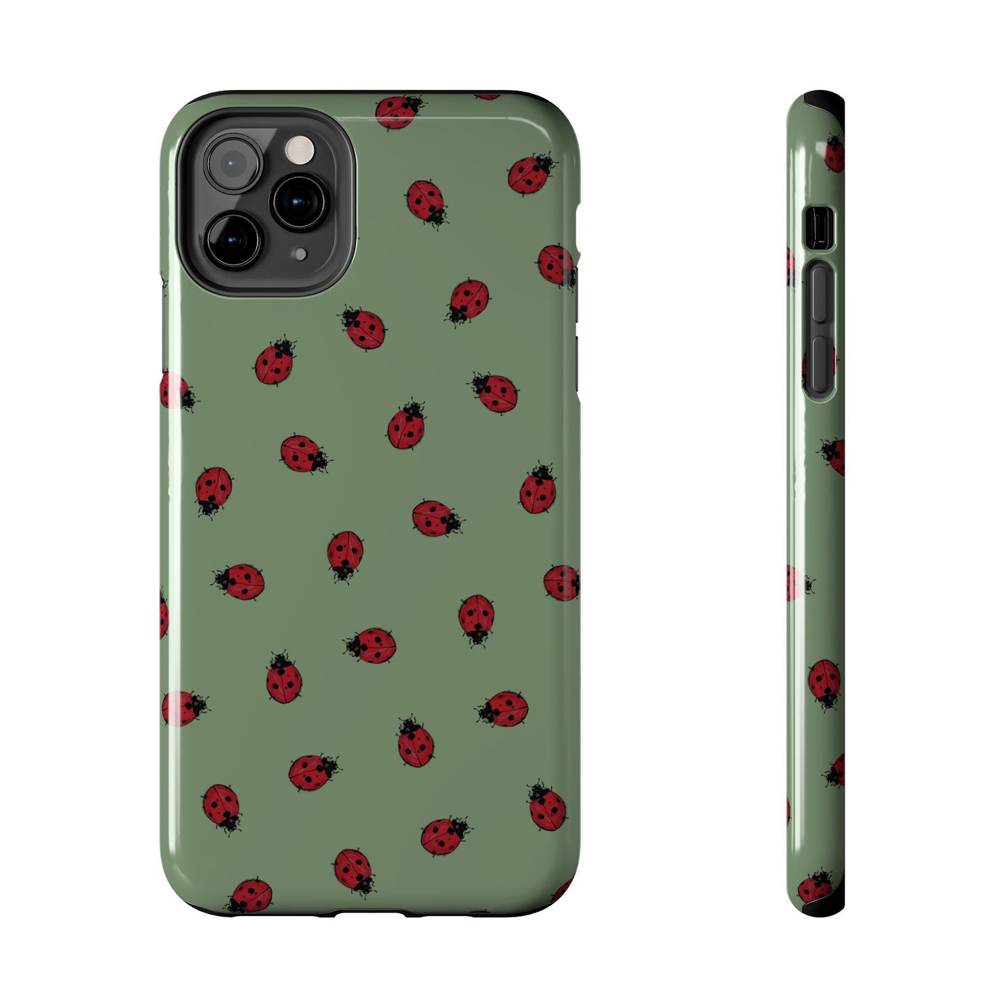 Phone case with ladybug pattern on a green background
