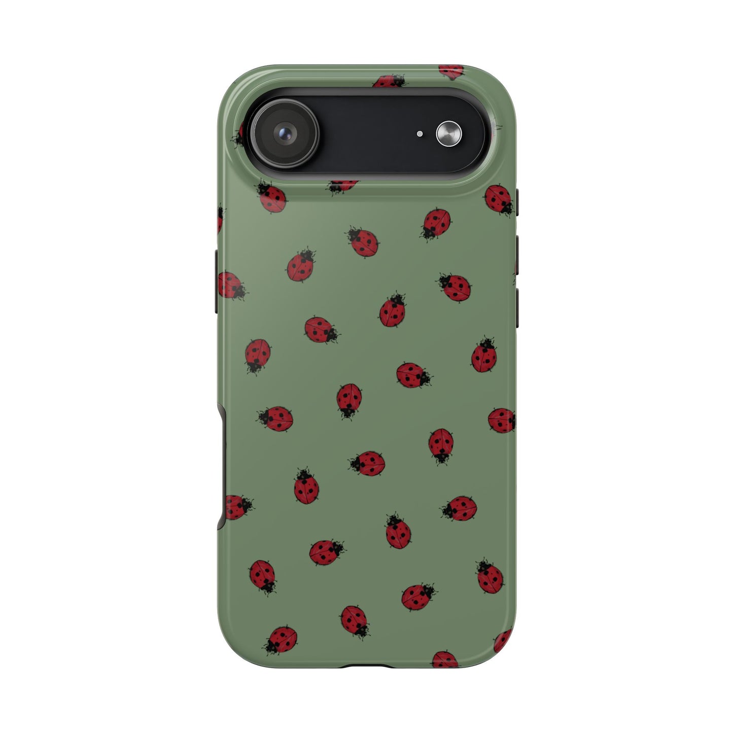 Phone case with ladybug pattern on a green background