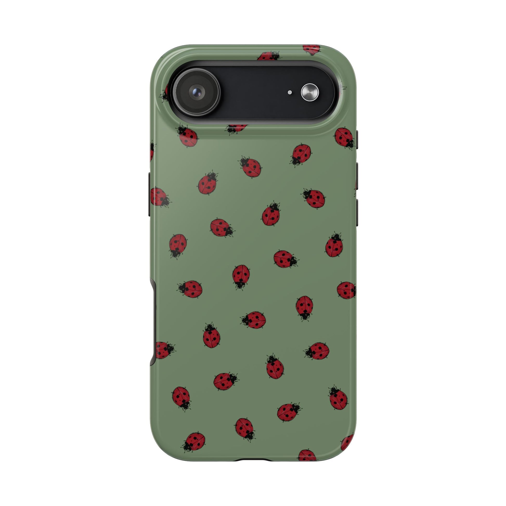 Phone case with ladybug pattern on a green background
