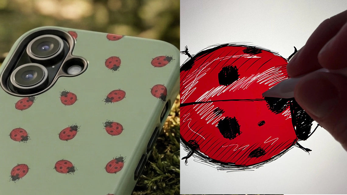 A split view showing the digital sketching process of a ladybug pattern next to the final printed phone case.