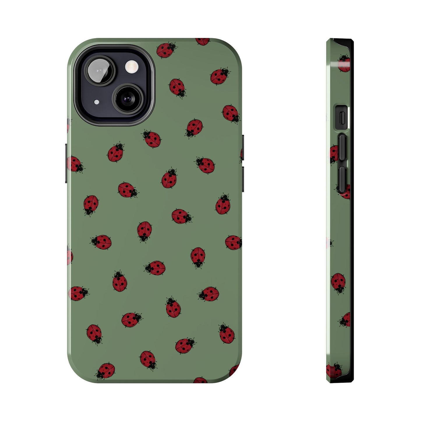 Phone case with ladybug pattern on a green background